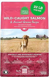 open farm, ancient grains dry dog food, protein rich & nutrient dense, 90% animal protein mixed with non gmo fruits, veggies and superfoods, wild caught salmon recipe, 22lb bag